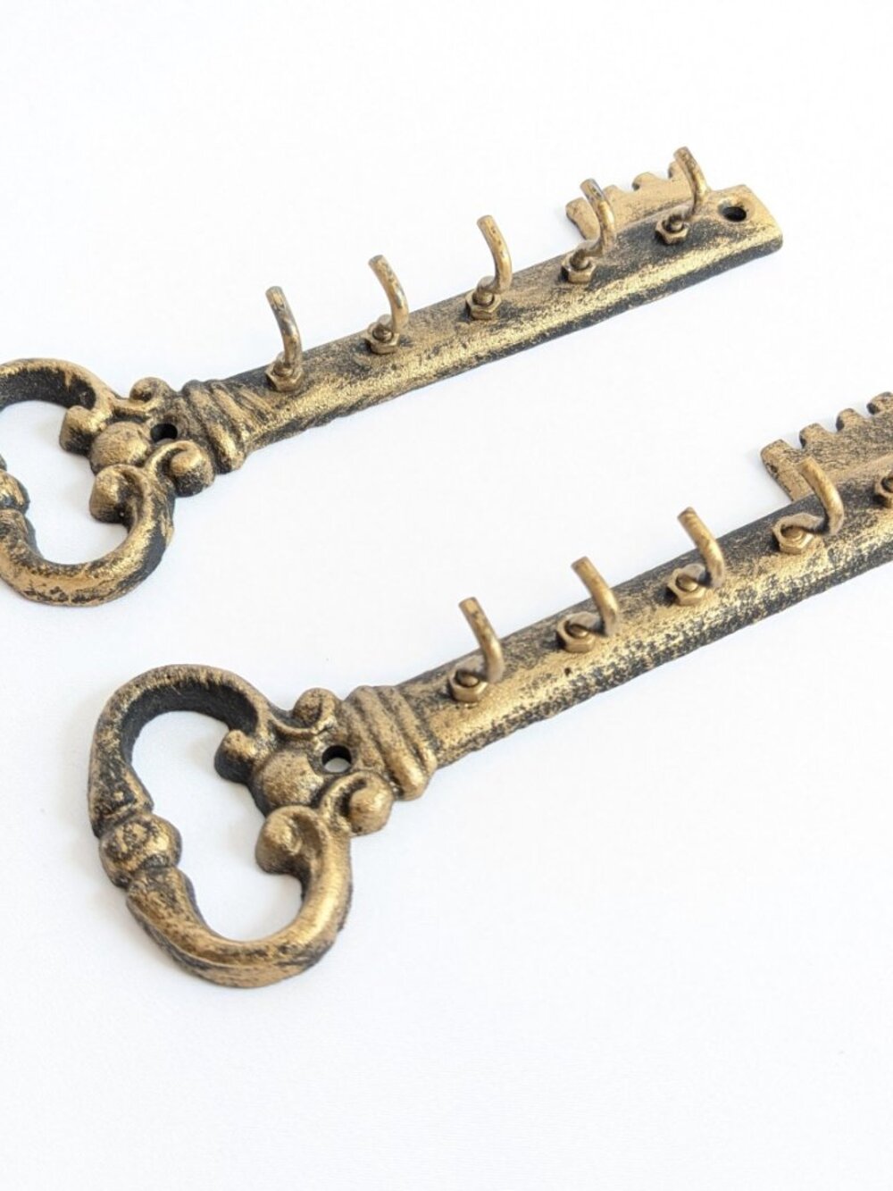 Vintage Key Hooks: Cast Iron Antique Brass Wall Hangers - Set of 2 - Picture 2 of 7
